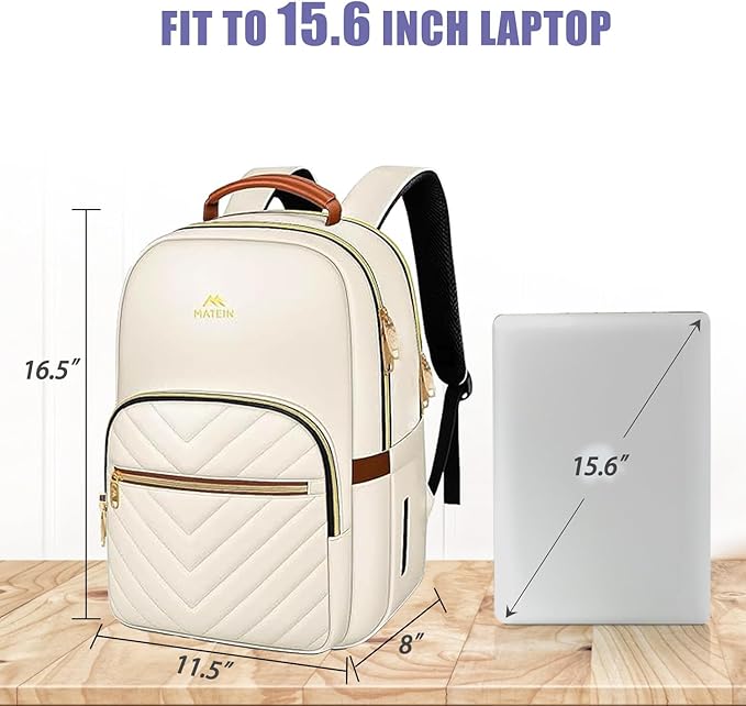 MATEIN Lightweight Quilted Laptop Backpack for Women, 15.6 Inch Slim Design Laptop Backpack with Leather Handles, Fashion Teacher Nurse Bag, Perfect for Work and Commute, Beige