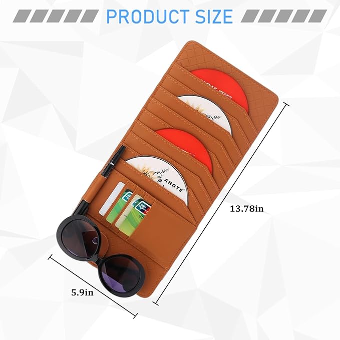 CD Case Holder for Car Sun Visor, Visor DVD Storage Organizer with Sunglasses Clip, Pen Holder & Card Slot, Multifunctional Automotive Disc Storage Pocket, Universal for SUV RV Truck (Brown)
