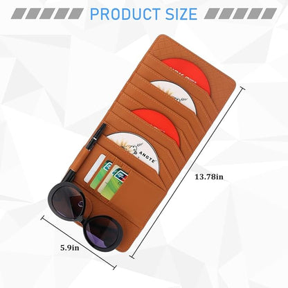 CD Case Holder for Car Sun Visor, Visor DVD Storage Organizer with Sunglasses Clip, Pen Holder & Card Slot, Multifunctional Automotive Disc Storage Pocket, Universal for SUV RV Truck (Brown)