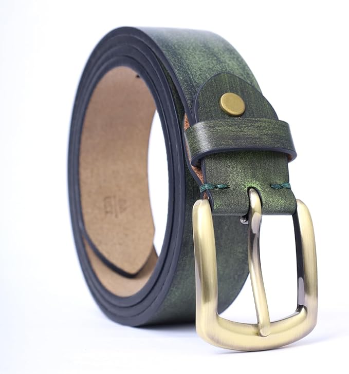 Men's Casual Leather Belt, Handmade Vintage Green Jeans Belt for Everyday Work Casual, Packed in Gift Box