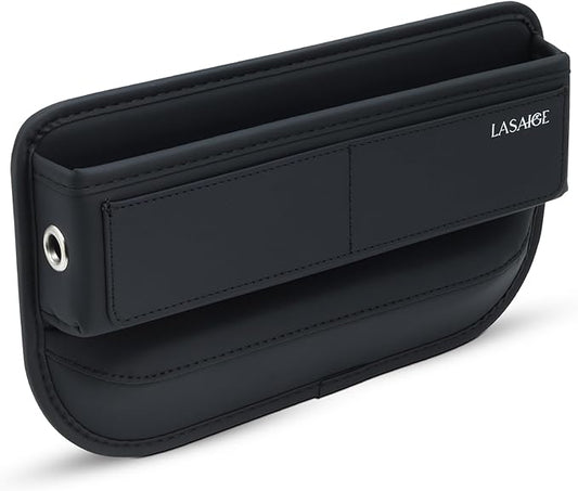 Car Seat Gap Filler Organizer (Black) -Soft PU Leather Car Seat Gap Filler Organizer - Gap Filler For Car w/ Pockets & Large Compartment - Slip-Resistant Between Seat and Center Console