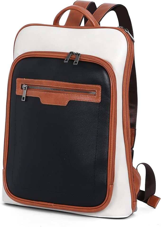 Leather Laptop Backpack, Women and Men Backpack Travel Business Work College Water Resistant Anti Theft Daypack Large fits for 15.6 inch Notebook Computer bag, Black+ Off White…