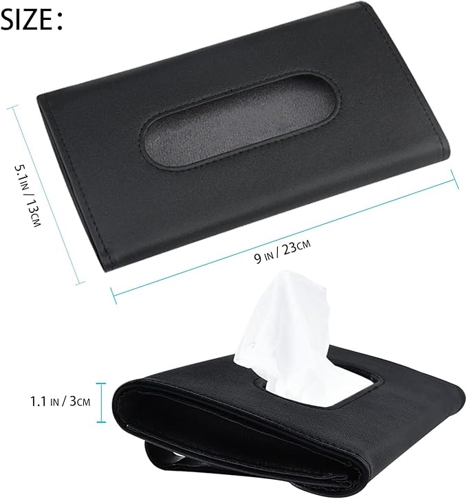 Black Car Tissue Refill Holder for Visor, Car Sun Visor Napkin Paper Storage Holder Box, Hanging Tissue Clip, PU Leather