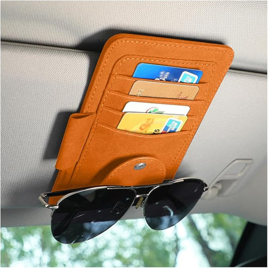 Mandark Car Sun Visor Organizer, Small Leather Vehicle Sunglass Clip Holder for Card License Registration Document Pen, Multifunctional Automotive Sunvisor Storage Pocket, Universal Fit (Orange)