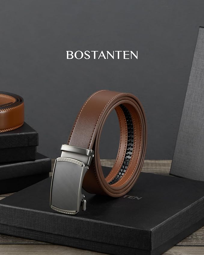 BOSTANTEN Mens Belt Leather Ratchet Belt For Men Dress and Casual with Adjustable Buckle, Trim to Fit