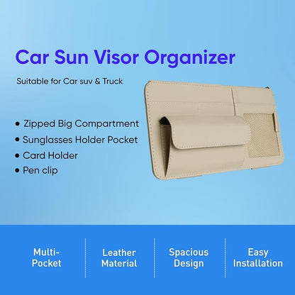Car Visor Organizer, Multi-Pocket Sunvisor Storage with Sunglass Holder, Document Holder and Visor Card Clip, Fit for AUTO SUV & Truck, Leather Car Accessories Interior (Black)