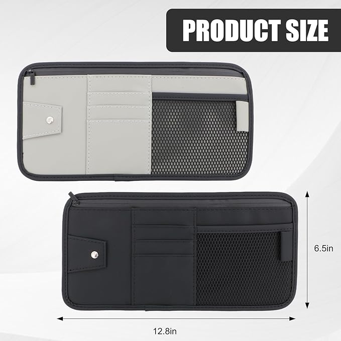 panthra 2pcs Car Visor Organizer, Sun Visor Organizer, Sunvisor Soft Leather Surface Eyeglasses Note Card Holder Car Storage Bag Suitable for Most Vehicles, Suv and Trucks Keep Clean (Black+Gray)