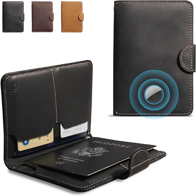 Genuine Leather Passport Holder for Travel - Rfid Passport Wallet with Hidden AirTag Slot, 2 Card Slots,for Men & Women & Family - Button Bifold Hidden Airtag Slot Style,Black