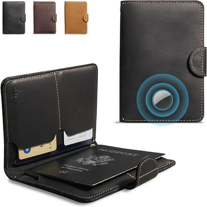 Genuine Leather Passport Holder for Travel - Rfid Passport Wallet with Hidden AirTag Slot, 2 Card Slots,for Men & Women & Family - Button Bifold Hidden Airtag Slot Style,Black