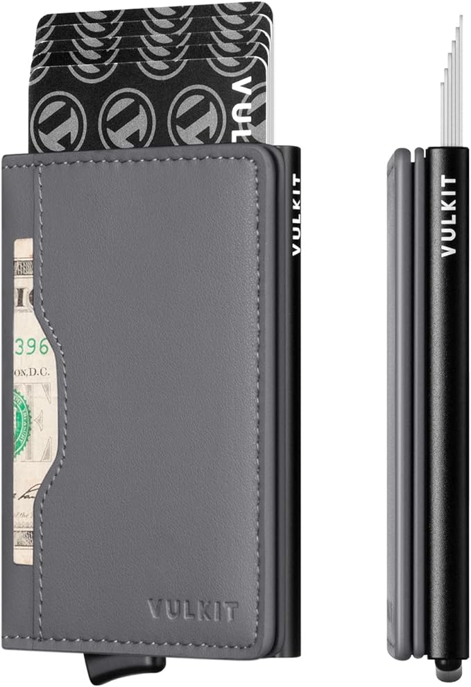VULKIT Slim Pop up Wallet for Women Minimalist Credit Card Holder with Leather Slots Men's Bifold RFID Blocking Metal Wallets