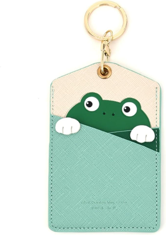 PU Leather ID Badge Holder with Keychain - Cartoon Animal Cute ID Badge Holder, 3 Card Slots for Professionals, Students, Nurse Officer, School Women Girls Boys (Green)