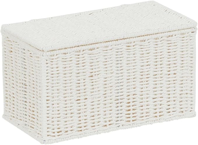 Household Essentials Small Wicker Basket with Lid, Multipurpose Storage Basket for Bathrooms, Shelves, Desks, Vanities, Closets and More, White