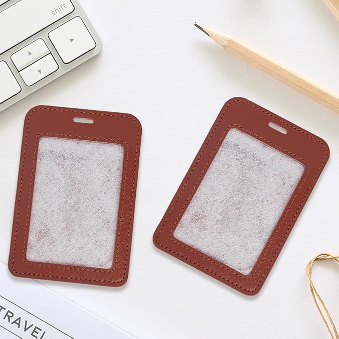 2PCS Brown PU Leather ID Card Case Vertical Sided Badge Holder Waterproof Leather Photocard Protector Name Badge Pouch with Clear Window for Office Staff Students School Driver's Licenses