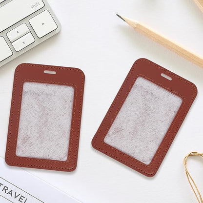2PCS Brown PU Leather ID Card Case Vertical Sided Badge Holder Waterproof Leather Photocard Protector Name Badge Pouch with Clear Window for Office Staff Students School Driver's Licenses