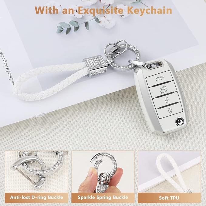 PIFOOG for Kia Key Fob Cover TPU White Silver 4 Buttons Keys Case Shell Protector Bling Keychain for Kia Sorento Optima Soul Sportage Niro Forte Rio Accessories Girly Women Men