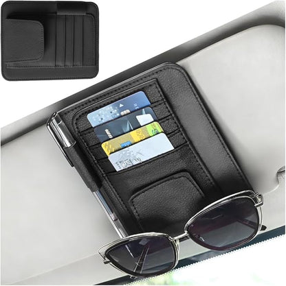 Car Sun Visor Organizer, PU Leather Vehicle Visor Document Storage Pocket for Sunglass Card Pen, Multifunctional Automotive Interior Holder Accessories, Universal Fit (Black)