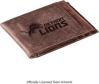 Team Sports America NFL Detroit Lions Front Pocket Slim Wallet for Men | Minimalist Leather RFID Blocking Bifold Card Holder with Money Clip | Officially Licensed Stamped Logo