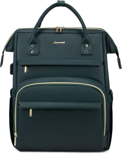 LOVEVOOK Leather Laptop Backpack for Women 18 inch,Travel Backpack Purse Nurse Teacher Backpack Computer Laptop Bag,Professional College Business Work Bag Carry On Backpack with USB Port,Dark Green