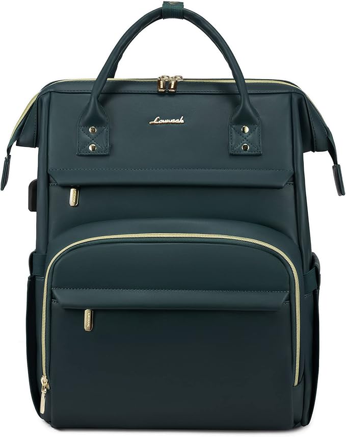 LOVEVOOK Leather Laptop Backpack for Women 15.6 inch,Travel Purse Nurse Teacher Backpack Computer Laptop Bag,Professional College Business Work Bag Carry On Backpack with USB Port,Dark Green