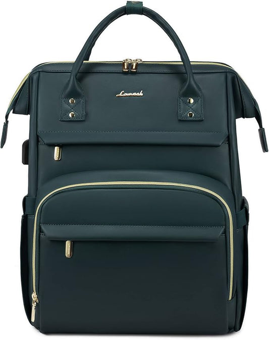 LOVEVOOK Leather Laptop Backpack for Women 15.6 inch,Travel Purse Nurse Teacher Backpack Computer Laptop Bag,Professional College Business Work Bag Carry On Backpack with USB Port,Dark Green