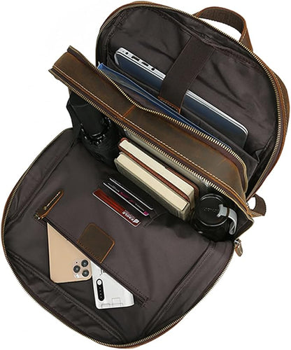 LANNSYNE Vintage Genuine Leather 16" Laptop Backpack For Men Hiking Travel Bag Camping Rucksack