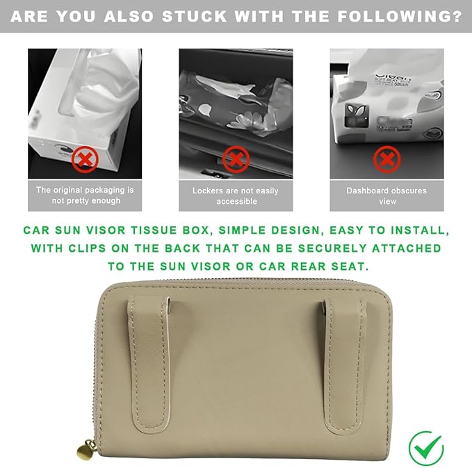 Car Tissue Holder, Sun Visor Napkin Box Premium PU Leather Tissue Case with Zipper, Rectangular Hanging Paper Organizer Mask Dispenser for Sedans SUVs Trucks, Car Accessories (Beige)