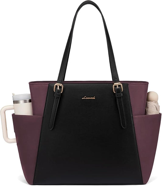 LOVEVOOK Laptop Tote Bag for Women With Large Cup Holder, Leather Work Tote Bag for Women,15.6 Inch Professional Computer Briefcase Business Teacher Commuter Shoulder Bag,Office Travel Gift
