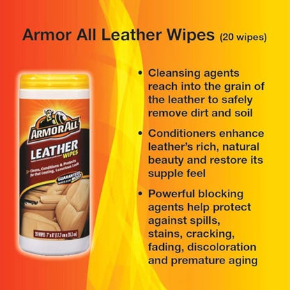 Armor All Interior Cleaner Wipes | For Leather | 20 Count | Pack of 2 | For Vehicles