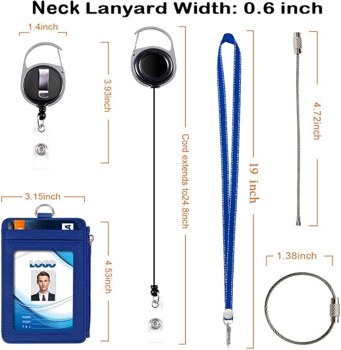 Badge Holder with Zipper, Life-Mate PU Leather ID Badge Card Holder Wallet Case with 5 Card Slots Zipper Pocket 19" Polyester Neck Lanyard Heavy Duty Metal Retractable Badge Reel (Blue)