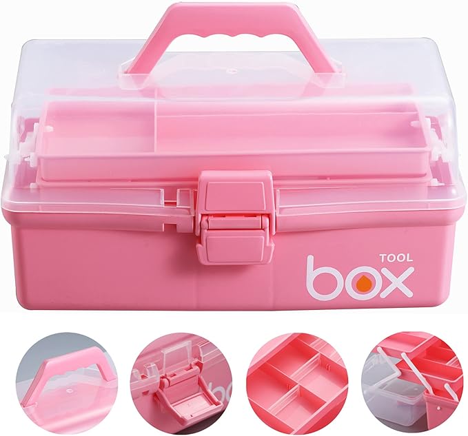 Kinsorcai 2PCS 12'' Three-Layer Clear Plastic Storage Box/Tool Box, Multipurpose Organizer and Portable Handled Storage Case for Art Craft and Cosmetic (Pink)