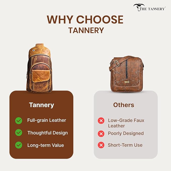 The Tannery Handmade Buffalo Leather Multipurpose Travel Hiking Crossbody Chest Backpack with Adjustable Shoulder Strap, Thanks Giving (Brown, Small)