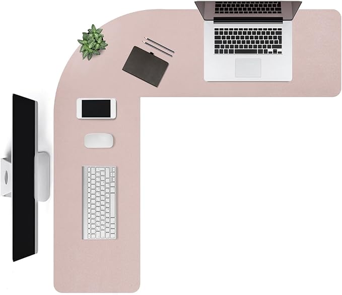 Liveinu L Shaped Gaming Desk Mat Mouse Pad, PU Leather Corner Desk Mat Blotter, Waterproof Desktop Protector for Computer Keyboard Home Office, Pink, 44"x44"x16"