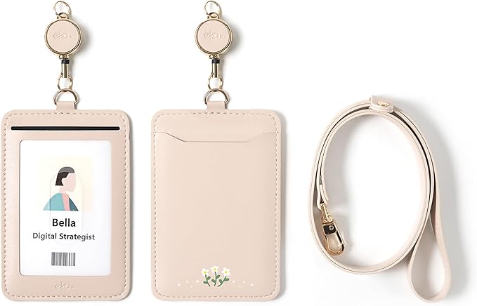 EKAX ID Badge Holder with Adjustable Lanyard & Retractable Badge Reel Clip, Double-Sided Card Holder for Office, Bus Pass, Student, Nurse, Police, Teacher-Lily White Flower