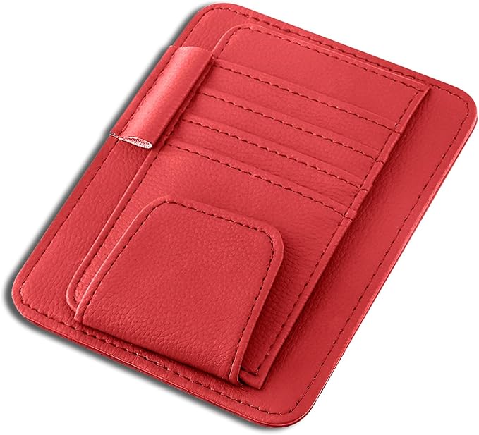 Car Sun Visor Organizer, Multifunctional Auto Visor Document Holder with Sunglasses Clip, Universal Car Interior Accessories Organizer for Drving License, Card, Pen (Red)