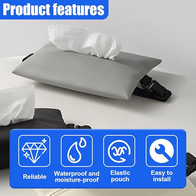 YoRise Car Tissue Holder, PU Leather Car Napkin Holder with Adjustable Strap, Center Console Tissues Box Cover, Sun Visor Organizer Keep Auto Tidy, Vehicle Headrest Storage Accessories (Gray)