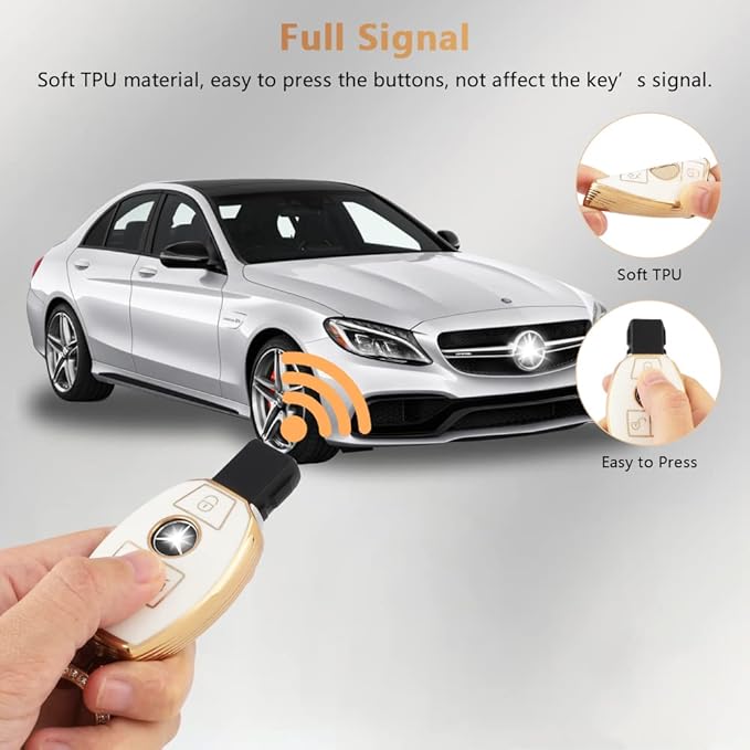 PIFOOG for Mercedes Benz Key Fob Cover Key Chain Girly Women TPU Keys Shell Case 3 Buttons Protector Accessories for Mercedes C E S Class AMG GLA GLC GLE GLK CLA CLS GLS White Gold