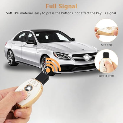 PIFOOG for Mercedes Benz Key Fob Cover Key Chain Girly Women TPU Keys Shell Case 3 Buttons Protector Accessories for Mercedes C E S Class AMG GLA GLC GLE GLK CLA CLS GLS White Gold