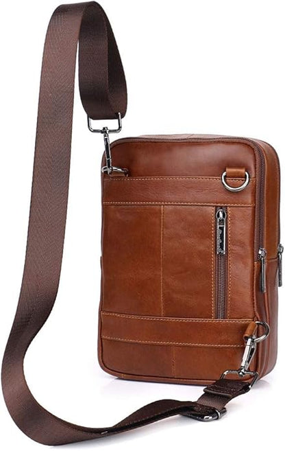 Hebetag Small Leather Sling Shoulder Bag Messenger Pack for Men Women Outdoor Travel Business