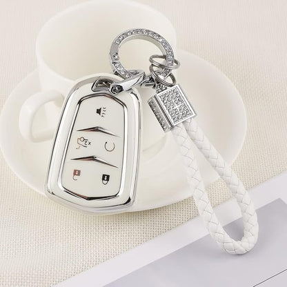 PIFOOG Key Fob Cover for Cadillac SRX CTS CT6 XTS XT5 XT6 XT4 ATS Accessories TPU 5 Button Keys Case Shell Protecor Glitter Car Keychain Girly Women White Silver