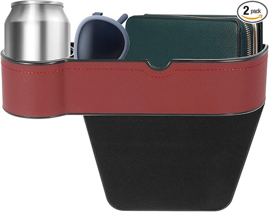 HARFINGTON Car Seat Gap Filler Organizer 10.6 x 7.1 x 2.8 Inch ABS+Leather Universal Car Organizer Storage Box Between Seat and Console (Left) with Cup Holders for Phone Keys, Wine Red