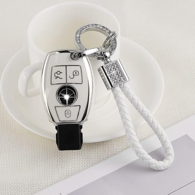 PIFOOG for Mercedes Key Fob Cover 3 Buttons Soft TPU Keys Protector Bling Keychain for Mercedes Benz C E M S CLS CLA GLK GLA GLC GLE AMG Class Girly Cute White Silver