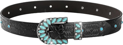 INOGIH Adjustable-Vintage-Western-Cowboy-Belt Women Men - Cowboy-Style Engraved-Buckle Belt for Jeans Pants Dresses