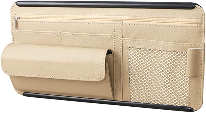 Car Sun Visor Multi-Pocket Net Zipper Organizer Auto Interior Accessories Pocket Organizer Storage Pouch Holder for Card License Pen Glasses (Beige)