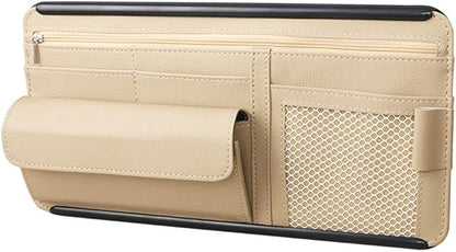 Car Sun Visor Multi-Pocket Net Zipper Organizer Auto Interior Accessories Pocket Organizer Storage Pouch Holder for Card License Pen Glasses (Beige)
