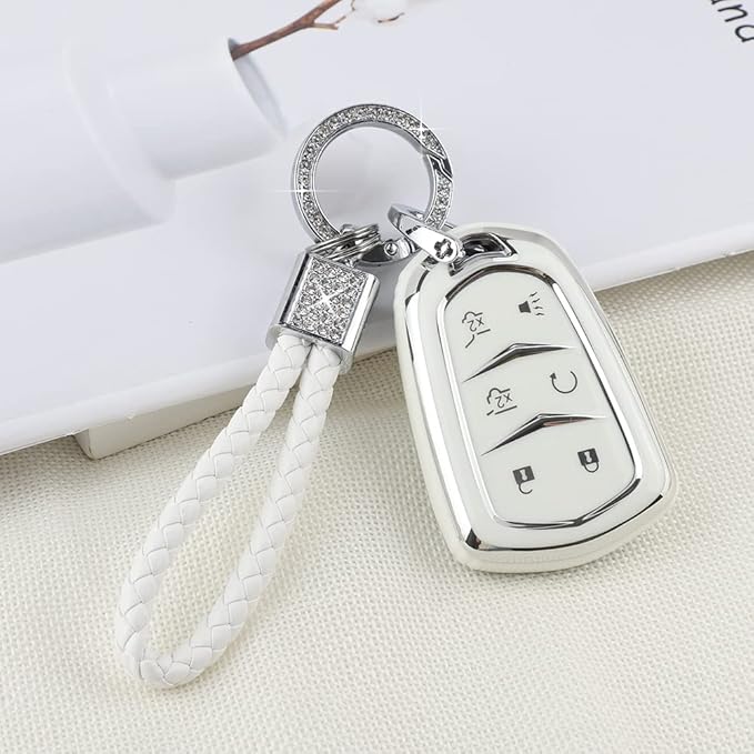 PIFOOG Escalade Key Fob Cover for Cadillac 6 Button Smart Keys Case Proector Accessories TPU Soft Bling Keychain White Silver Girly Cute for Cadillac Escalade ESV 2015-2020
