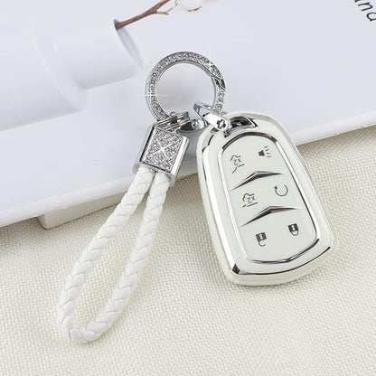 PIFOOG Escalade Key Fob Cover for Cadillac 6 Button Smart Keys Case Proector Accessories TPU Soft Bling Keychain White Silver Girly Cute for Cadillac Escalade ESV 2015-2020