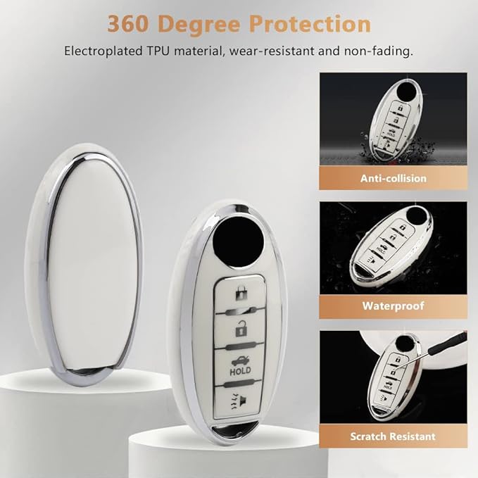 PIFOOG Key Fob Cover for Nissan 4 Button Murano Sentra Altima Rogue Kicks Armada Pathfinder Car Accessories TPU Smart Keys Case Shell Cute Bling Keychain Girly Women White