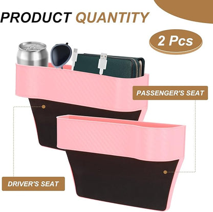 HARFINGTON 2pcs Car Seat Gap Filler Organizer 10.2 x 6.5 x 2.8 Inch PP Universal Car Organizer Storage Box Between Seat and Console (Left+Right) with Cup Holders for Phone Keys, Pink