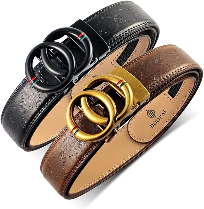DOOPAI Men's 2 Pack Ratchet Dress Belt - Adjustable 1 3/8" Genuine Leather, Size Length Can Be Cut, With Gift Box