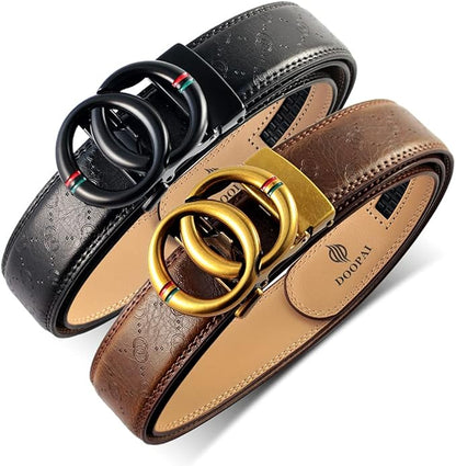 DOOPAI Men's 2 Pack Ratchet Dress Belt - Adjustable 1 3/8" Genuine Leather, Size Length Can Be Cut, With Gift Box